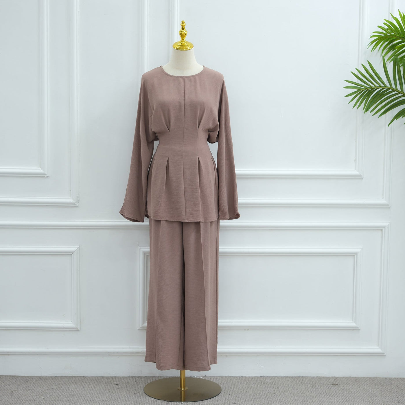 LM307 Ice Silk Two-Piece Set – Peplum Tunic & Wide Leg Pants Modest Outfit