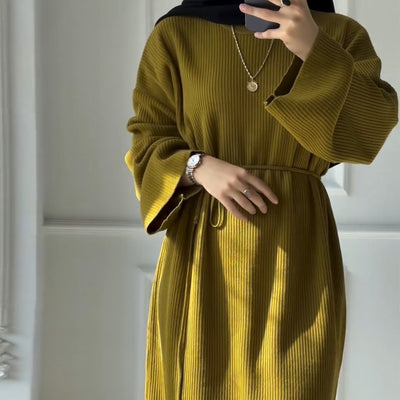 LM302 Ribbed Winter Abaya with Belt – Long Sleeve Modest Dress for Women