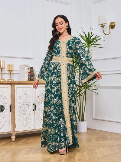 LM186 Summer Dubai Abaya Dress | Lightweight Gold Print Modest Maxi Kaftan