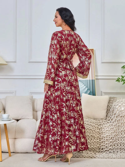 LM186 Summer Dubai Abaya Dress | Lightweight Gold Print Modest Maxi Kaftan