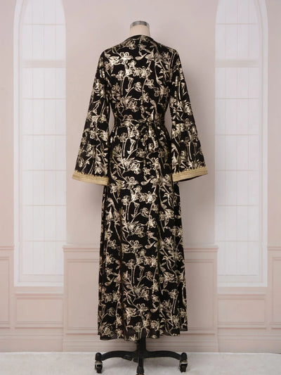 LM186 Summer Dubai Abaya Dress | Lightweight Gold Print Modest Maxi Kaftan