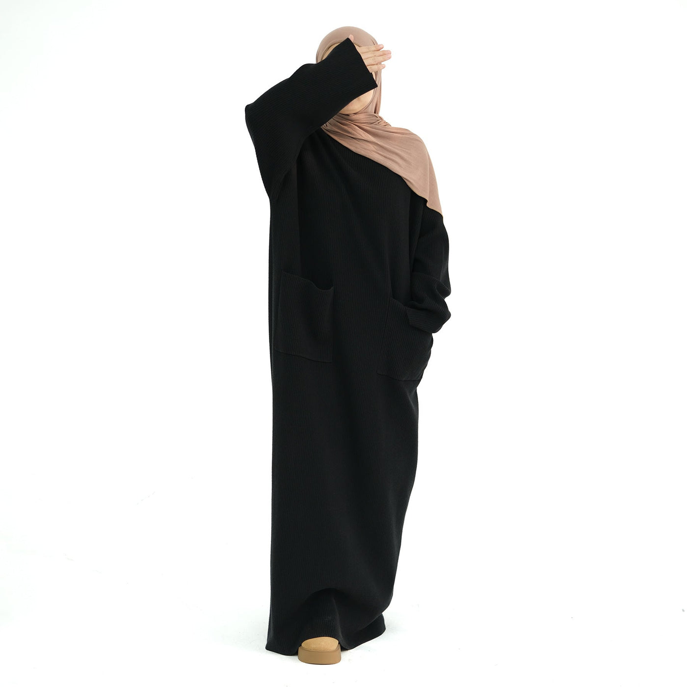 LM227 Winter Abaya with Pockets – Belted Long Sleeve Modest Dress