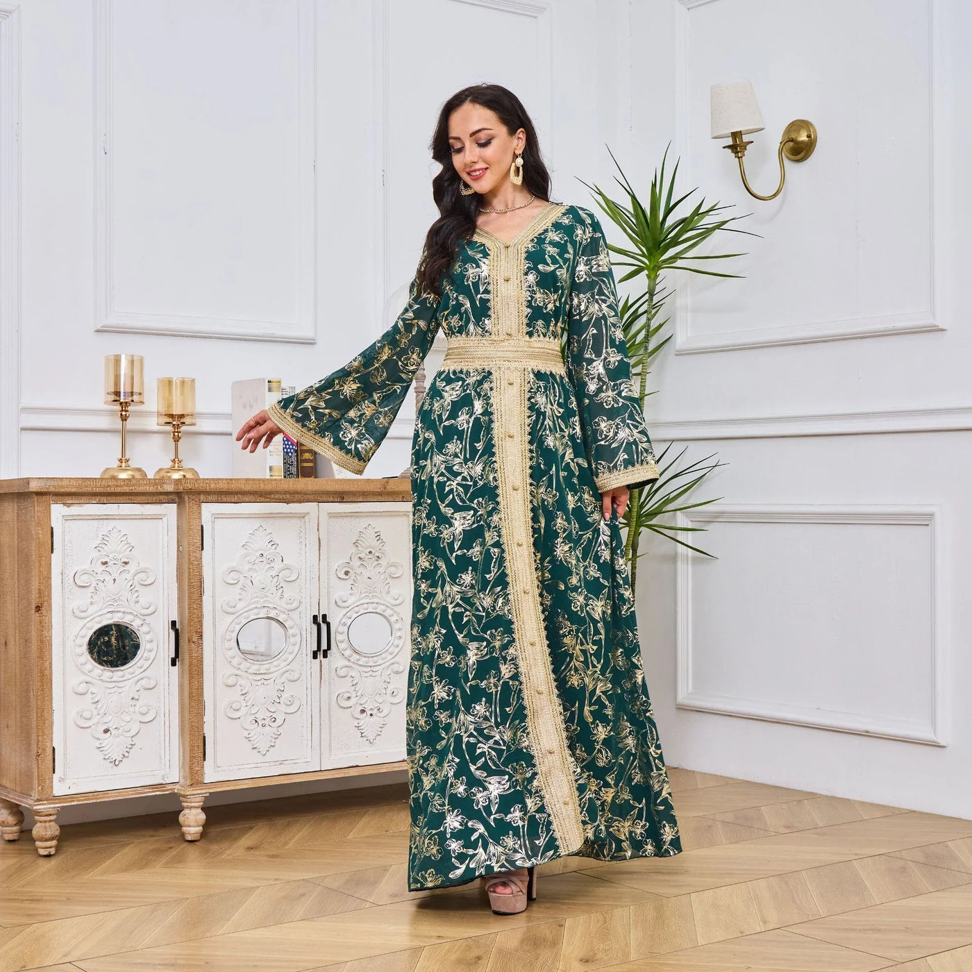 LM186 Summer Dubai Abaya Dress | Lightweight Gold Print Modest Maxi Kaftan