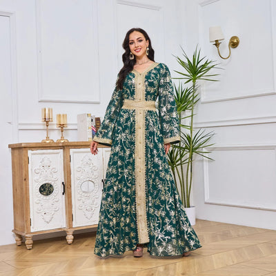 LM186 Summer Dubai Abaya Dress | Lightweight Gold Print Modest Maxi Kaftan