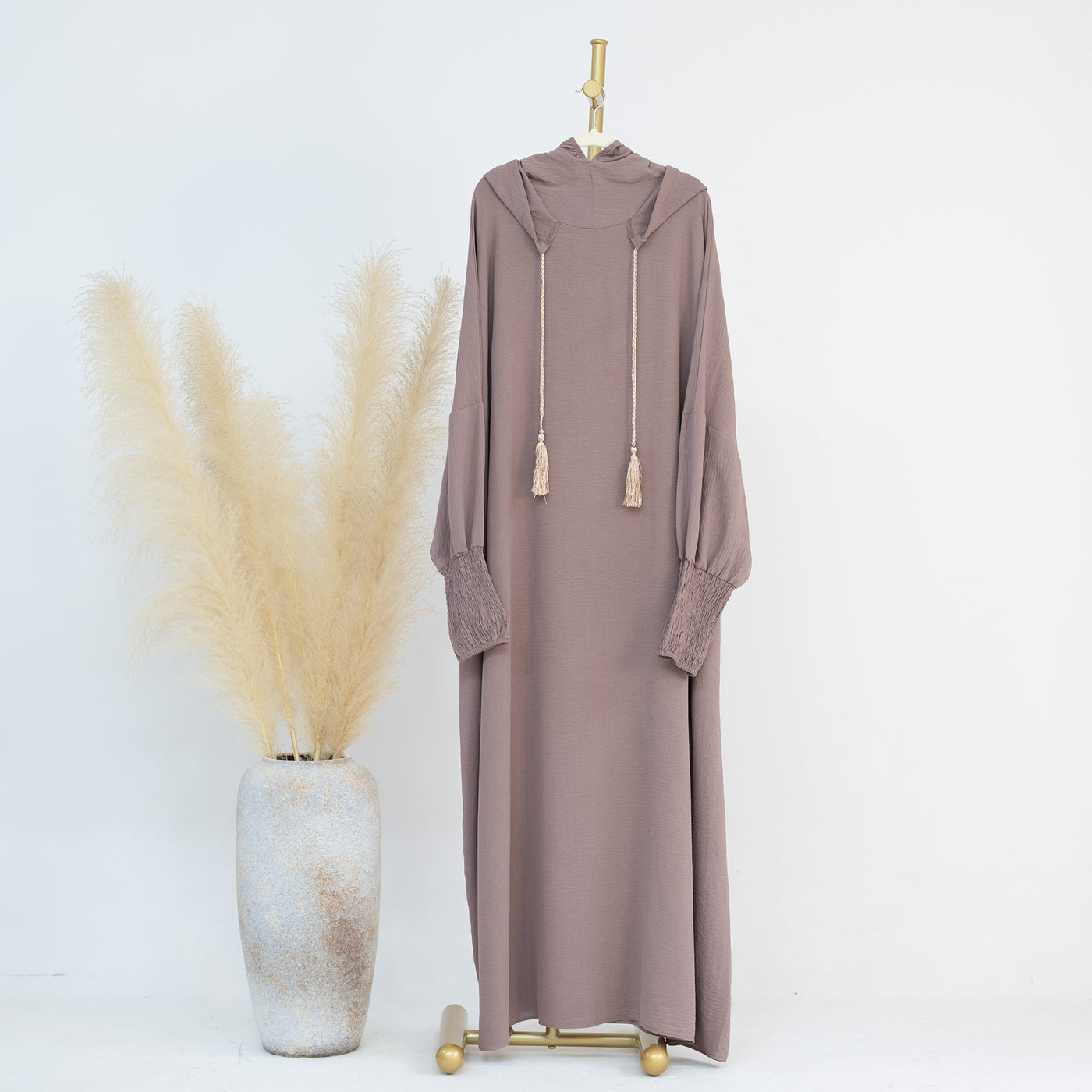 LM220 Hooded Abaya Dress for Women – Batwing Sleeve, Drawstring Hood, Shirred Cuffs, Solid Color