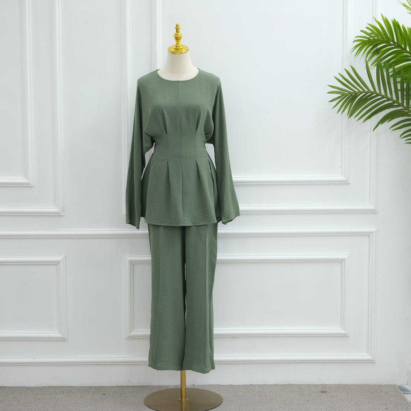 LM307 Ice Silk Two-Piece Set – Peplum Tunic & Wide Leg Pants Modest Outfit