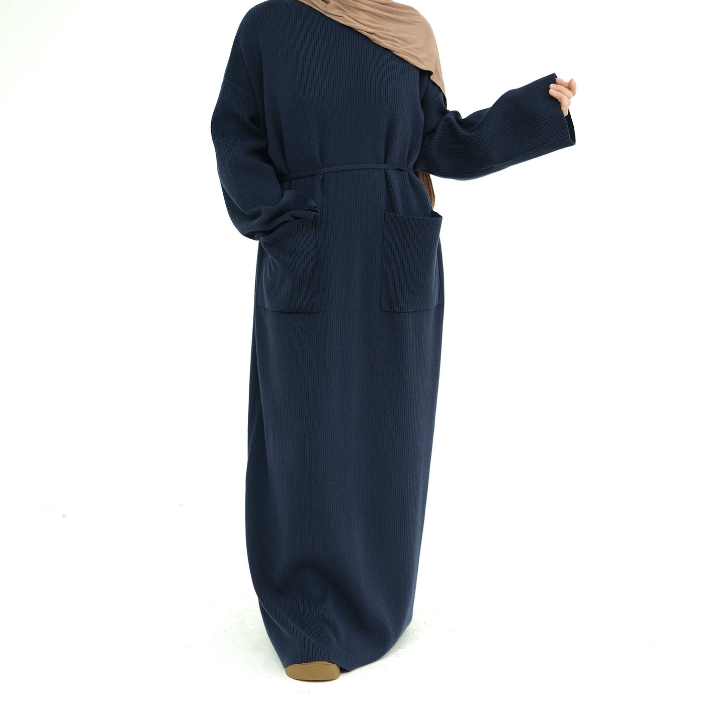 LM227 Winter Abaya with Pockets – Belted Long Sleeve Modest Dress