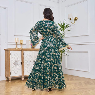 LM186 Summer Dubai Abaya Dress | Lightweight Gold Print Modest Maxi Kaftan