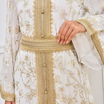 LM186 Summer Dubai Abaya Dress | Lightweight Gold Print Modest Maxi Kaftan