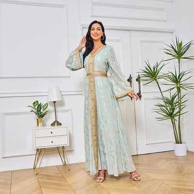 LM186 Summer Dubai Abaya Dress | Lightweight Gold Print Modest Maxi Kaftan