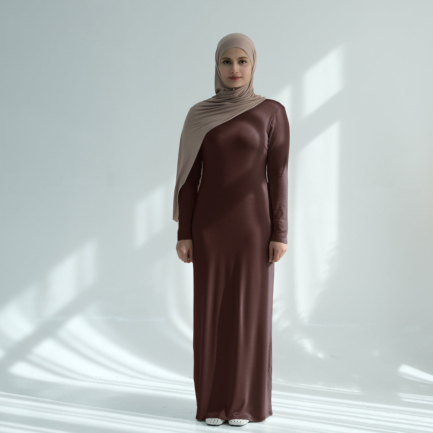 LM222 Modal Cotton Abaya Dress – Plain Solid, Long Sleeve Maxi; Optional Inner/Base Dress for Layering (Scarf Not Included)