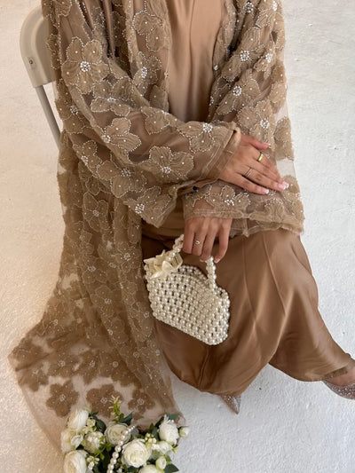 LM126 Elegant 3-Piece Pearl Beaded Abaya Set – Floral Kimono, Inner Dress & Matching Scarf
