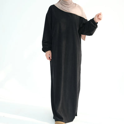 LM078 Corduroy Cuff Sleeves Abaya Dress | Modest Essential Winter Wear with Ribbed Detailing