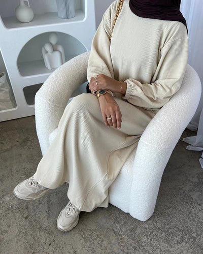 LM078 Corduroy Cuff Sleeves Abaya Dress | Modest Essential Winter Wear with Ribbed Detailing