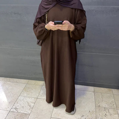 LM078 Corduroy Cuff Sleeves Abaya Dress | Modest Essential Winter Wear with Ribbed Detailing