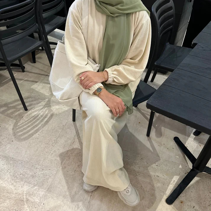 LM078 Corduroy Cuff Sleeves Abaya Dress | Modest Essential Winter Wear with Ribbed Detailing