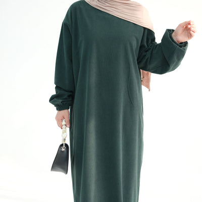 LM078 Corduroy Cuff Sleeves Abaya Dress | Modest Essential Winter Wear with Ribbed Detailing