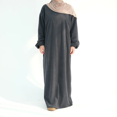 LM078 Corduroy Cuff Sleeves Abaya Dress | Modest Essential Winter Wear with Ribbed Detailing