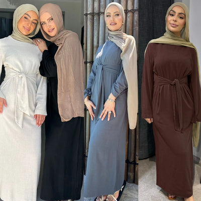 LM101 Summer 2025 Tie-Waist Abaya Dress | Natural Lightweight Linen-Cotton Blend