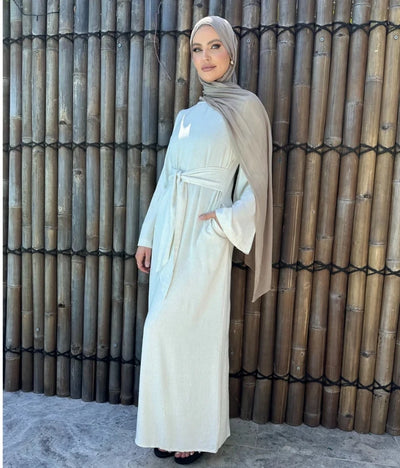 LM101 Summer 2025 Tie-Waist Abaya Dress | Natural Lightweight Linen-Cotton Blend