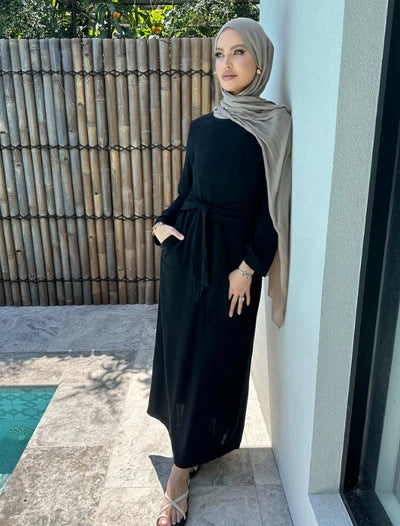 LM101 Summer 2025 Tie-Waist Abaya Dress | Natural Lightweight Linen-Cotton Blend