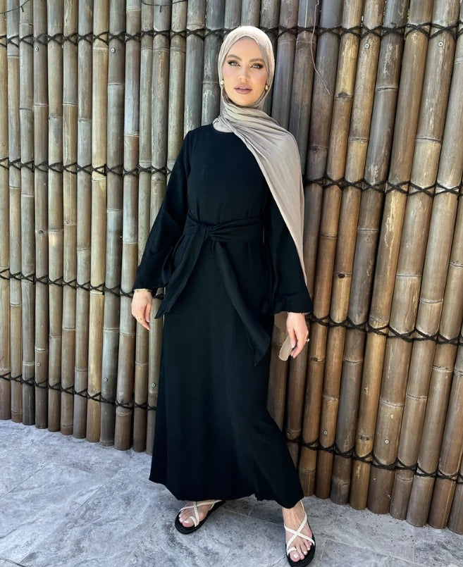 LM101 Summer 2025 Tie-Waist Abaya Dress | Natural Lightweight Linen-Cotton Blend