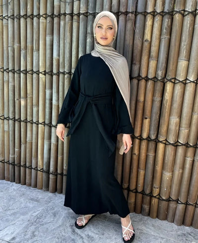 LM101 Summer 2025 Tie-Waist Abaya Dress | Natural Lightweight Linen-Cotton Blend