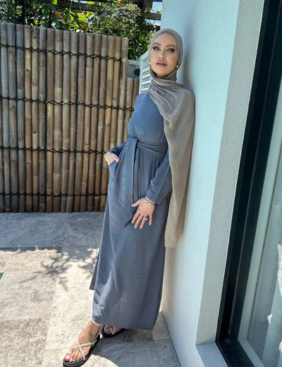LM101 Summer 2025 Tie-Waist Abaya Dress | Natural Lightweight Linen-Cotton Blend