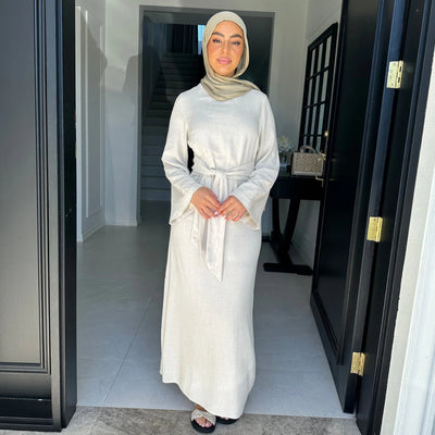 LM101 Summer 2025 Tie-Waist Abaya Dress | Natural Lightweight Linen-Cotton Blend