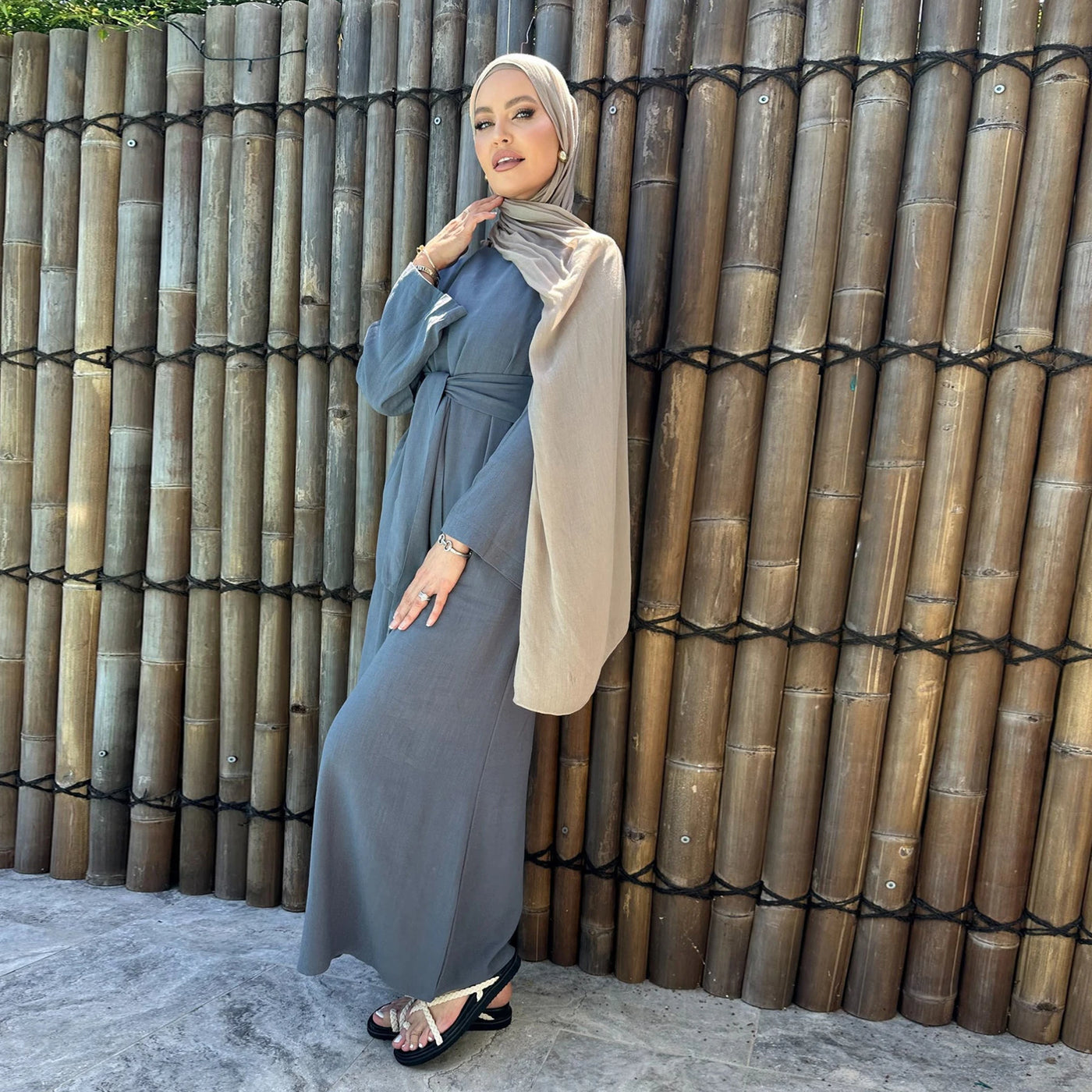 LM101 Summer 2025 Tie-Waist Abaya Dress | Natural Lightweight Linen-Cotton Blend
