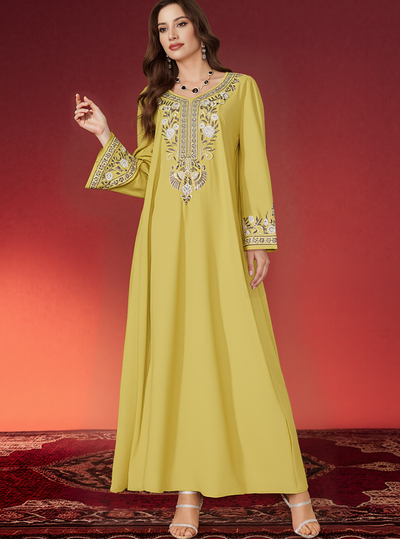 LM183 Luxury Embroidered Abaya Dress | Modest Maxi Kaftan with Rhinestone Details - LM183-Yellow-S LumosModesty