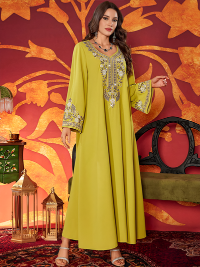 LM183 Luxury Embroidered Abaya Dress | Modest Maxi Kaftan with Rhinestone Details - LM183-Yellow-S LumosModesty