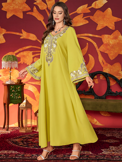 LM183 Luxury Embroidered Abaya Dress | Modest Maxi Kaftan with Rhinestone Details - LM183-Yellow-S LumosModesty