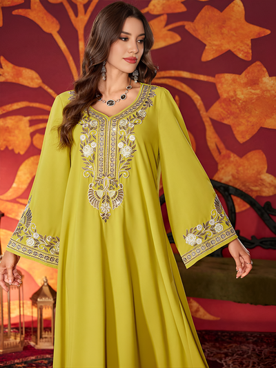 LM183 Luxury Embroidered Abaya Dress | Modest Maxi Kaftan with Rhinestone Details - LM183-Yellow-S LumosModesty