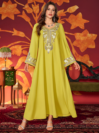 LM183 Luxury Embroidered Abaya Dress | Modest Maxi Kaftan with Rhinestone Details - LM183-Yellow-S LumosModesty