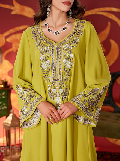 LM183 Luxury Embroidered Abaya Dress | Modest Maxi Kaftan with Rhinestone Details - LM183-Yellow-S LumosModesty