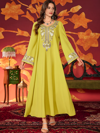 LM183 Luxury Embroidered Abaya Dress | Modest Maxi Kaftan with Rhinestone Details - LM183-Yellow-S LumosModesty