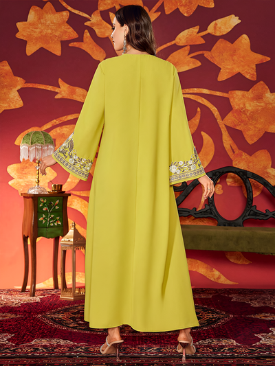 LM183 Luxury Embroidered Abaya Dress | Modest Maxi Kaftan with Rhinestone Details - LM183-Yellow-S LumosModesty