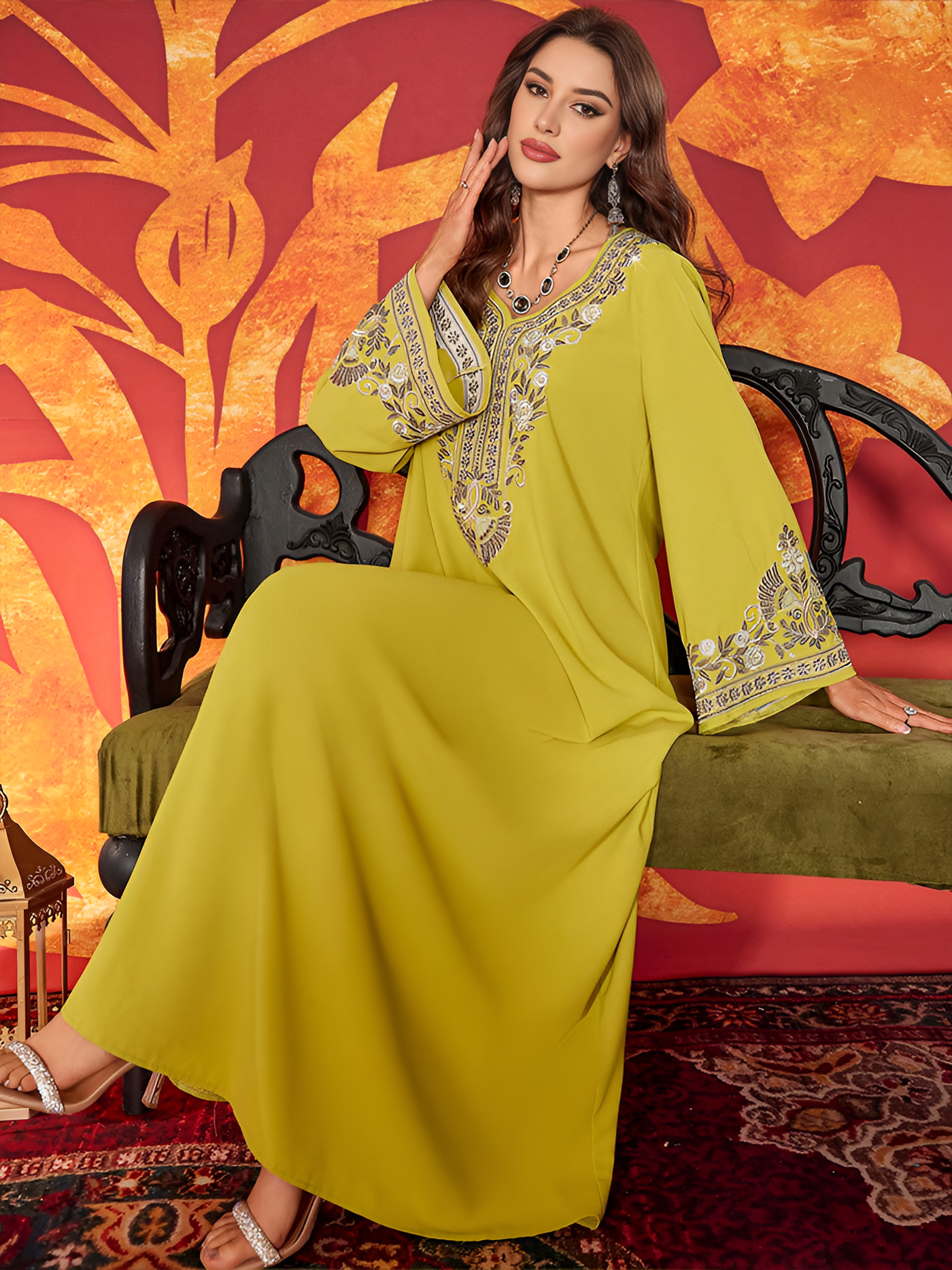 LM183 Luxury Embroidered Abaya Dress | Modest Maxi Kaftan with Rhinestone Details - LM183-Yellow-S LumosModesty