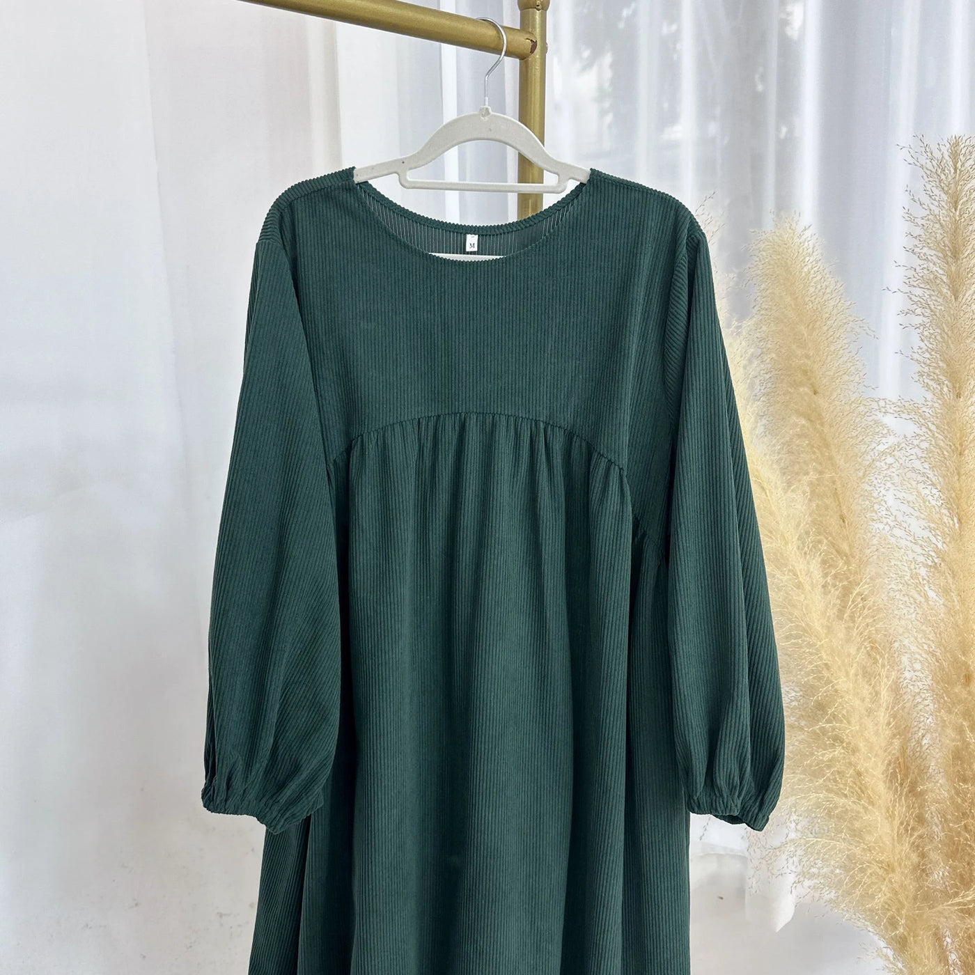 LM057 Winter Corduroy Abaya Dress  Reversible Balloon Sleeves & A-Line Silhouette Thick Warm Modest Fashion