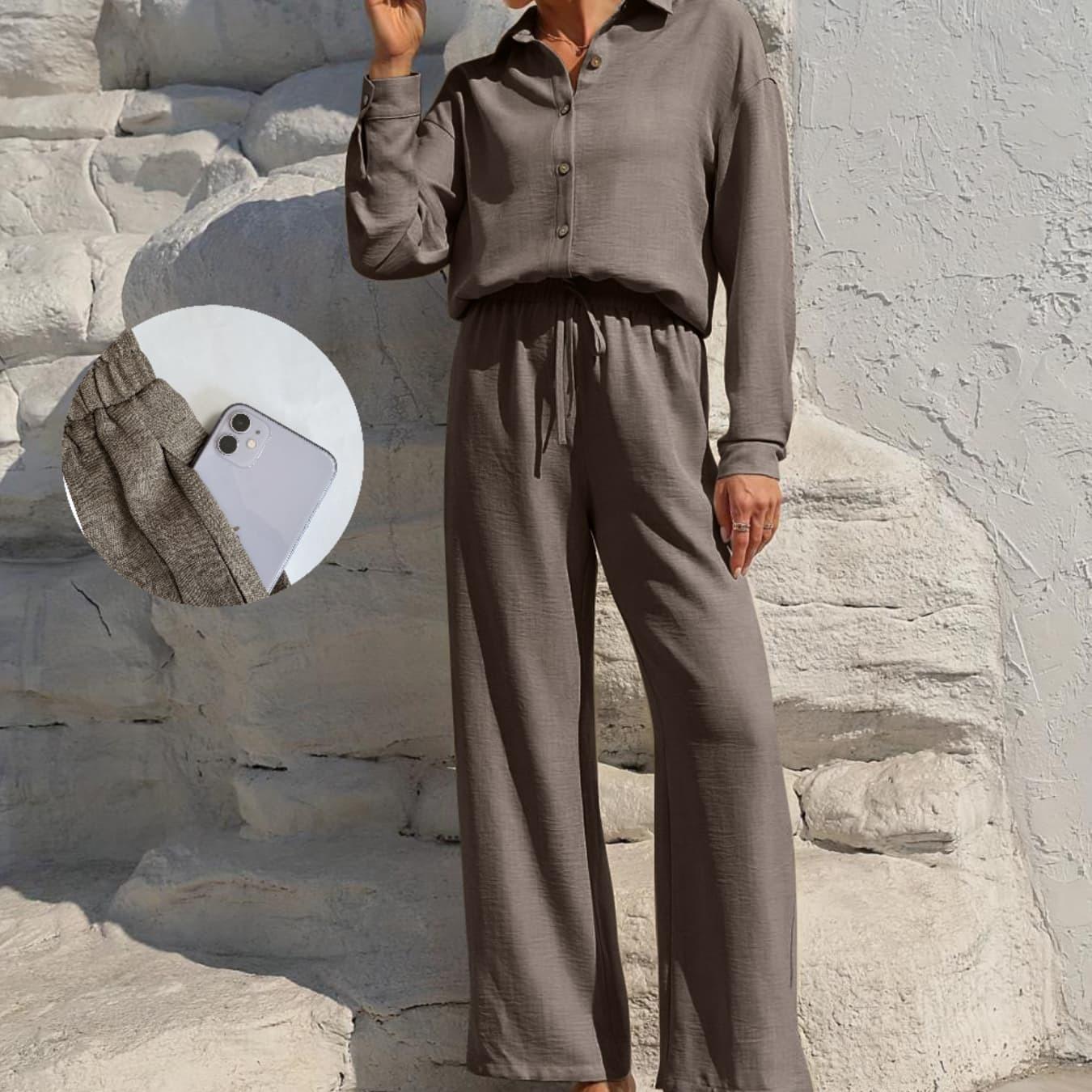 LM131 Women’s Solid Button Front Shirt& Tie Front Wide Leg Pants With Pocket Tow-piece Set