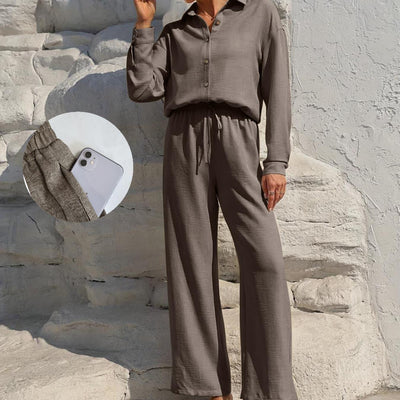 LM131 Women’s Solid Button Front Shirt& Tie Front Wide Leg Pants With Pocket Tow-piece Set