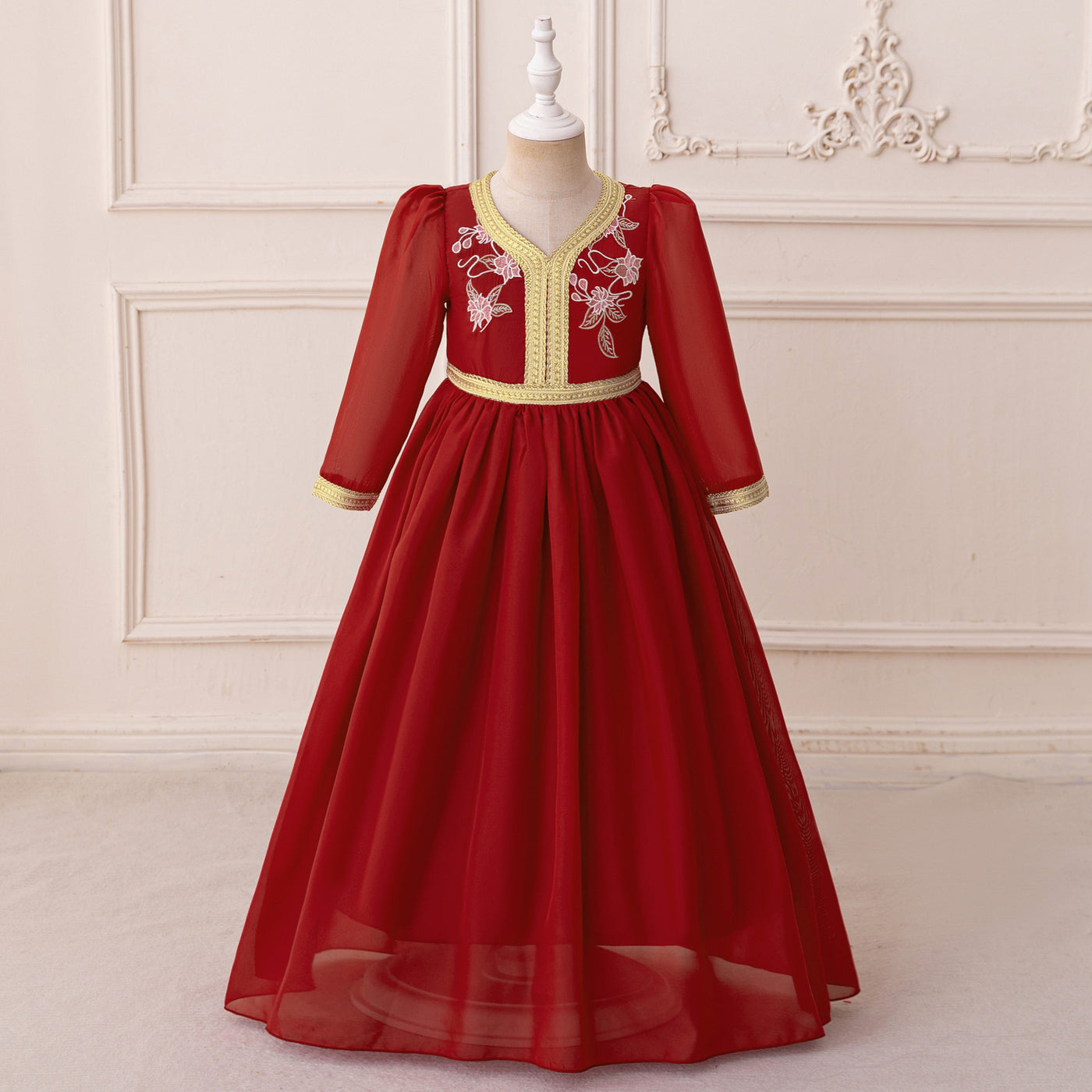 LM210 Girls Eid Dress – Long Sleeve Modest Muslim Party Gown, Embroidered, Full Length (4–7Y)