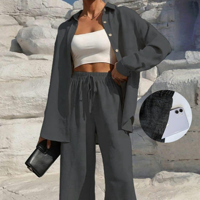 LM131 Women’s Solid Button Front Shirt& Tie Front Wide Leg Pants With Pocket Tow-piece Set