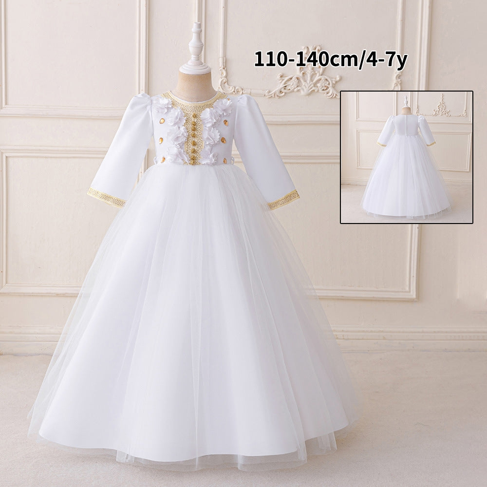 LM213 Girls Eid Dress – Long Sleeve Modest Muslim Party Gown, Embroidered, Full Length (4–7Y)