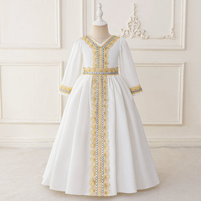 LM215 Girls Eid Dress – Long Sleeve Modest Muslim Party Gown, Embroidered, Full Length (4–7Y)