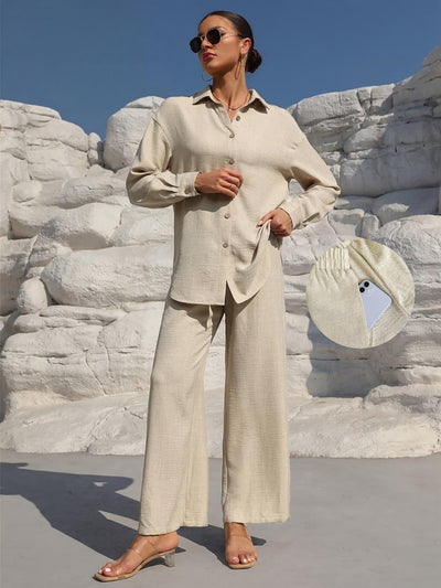 LM131 Women’s Solid Button Front Shirt& Tie Front Wide Leg Pants With Pocket Tow-piece Set