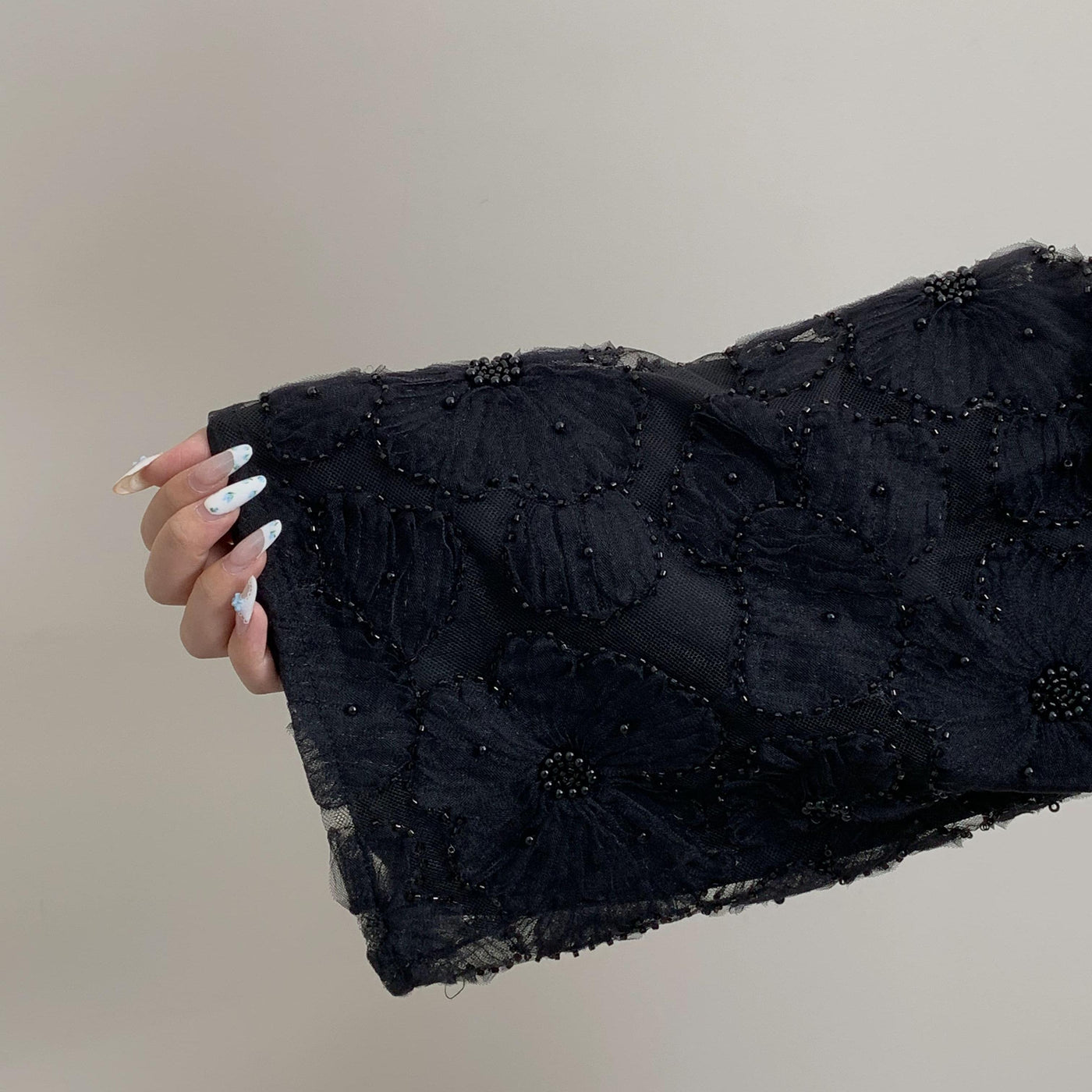 LM126 Elegant 3-Piece Pearl Beaded Abaya Set – Floral Kimono, Inner Dress & Matching Scarf - LM126-black-S LumosModesty