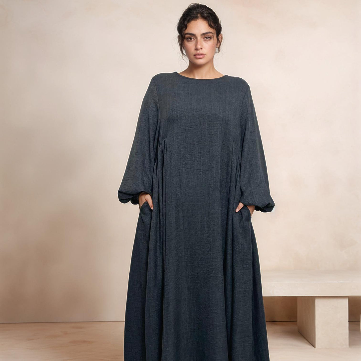 LM020 Nursing-Friendly Abaya – Round-Neck Zip Pocket, Plus-Size Maxi Prayer/Umrah Dress