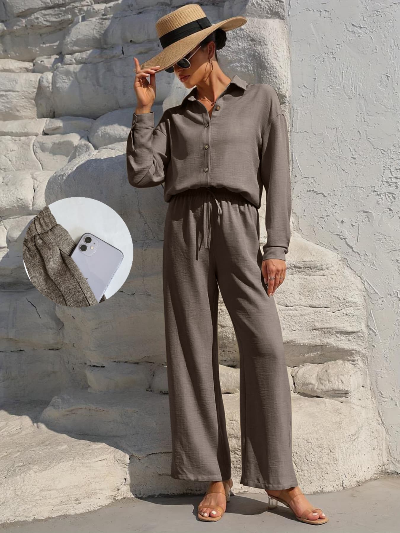 LM131 Women’s Solid Button Front Shirt& Tie Front Wide Leg Pants With Pocket Tow-piece Set